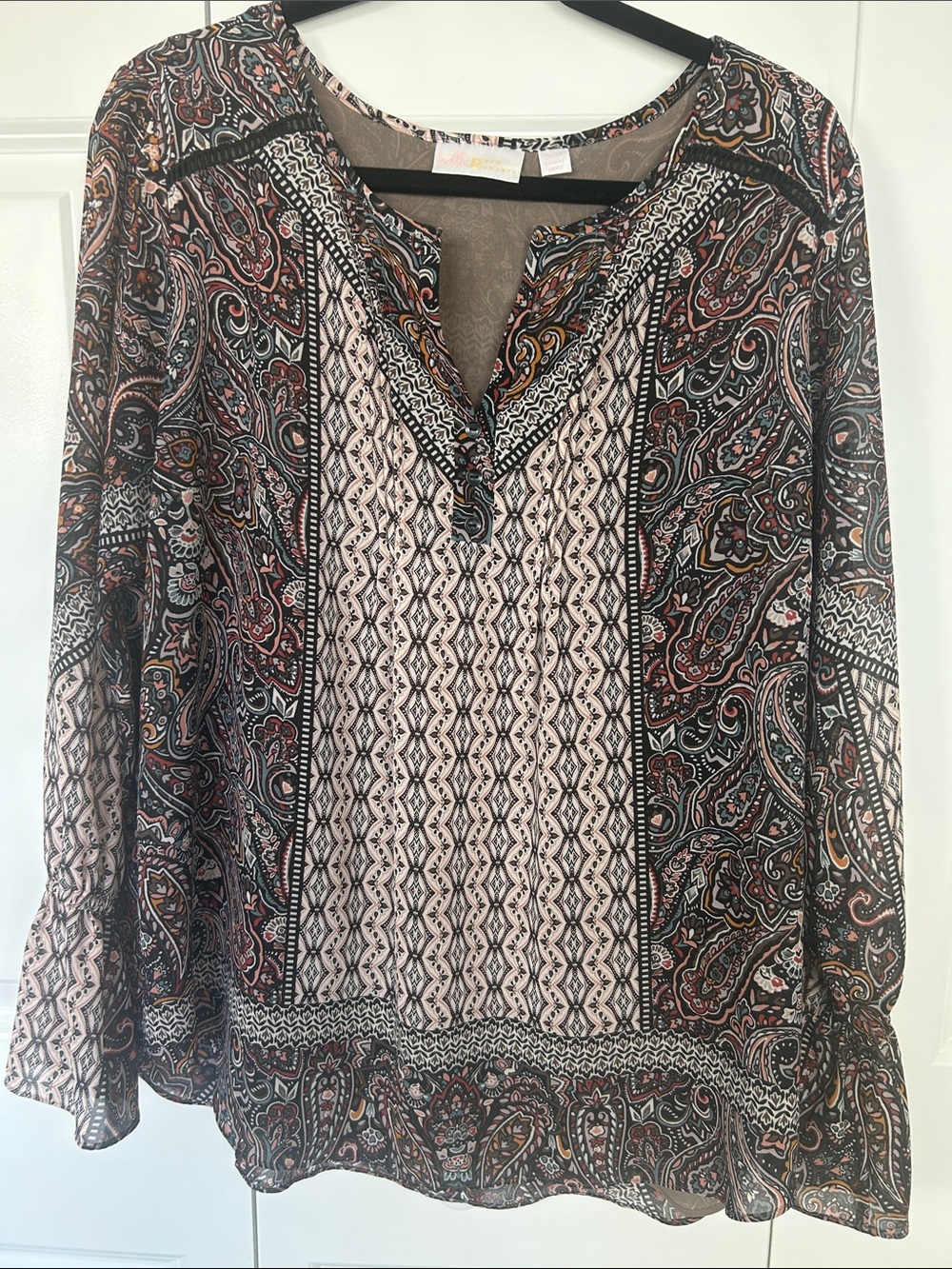 Belle by Kim Gravel Boho Paisley V-Neck Long-Sleeve Top - Multicolor Size Large